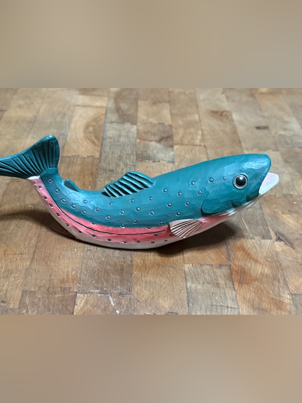 Midwest Teal and Pink Fish Figurine Decor Carved Salmon Open Mouth